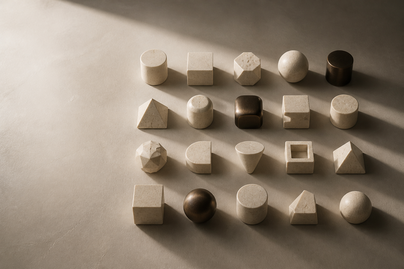 Sculptural stone forms with a small number of dark bronze forms selected